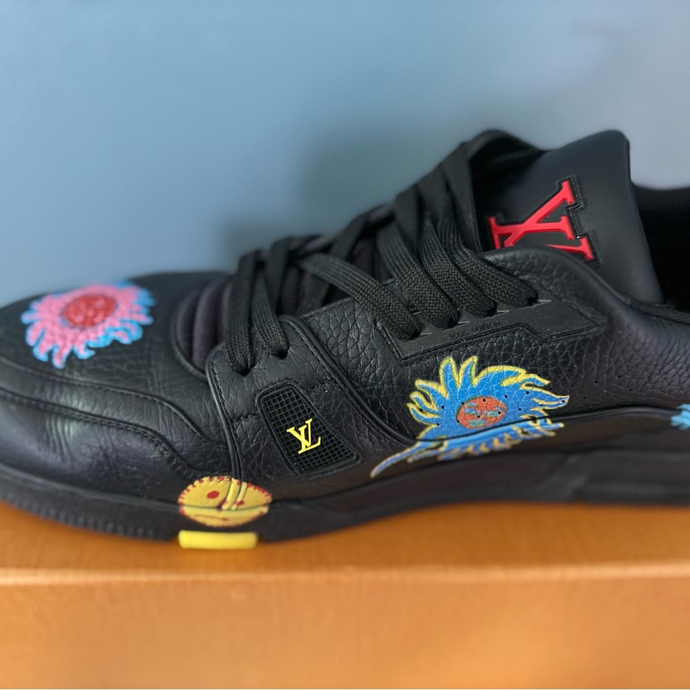 Louis Vuitton Black Leather Sneaker with Red LV Logo and Multicolor Sun Motif - Picture 4 of 9